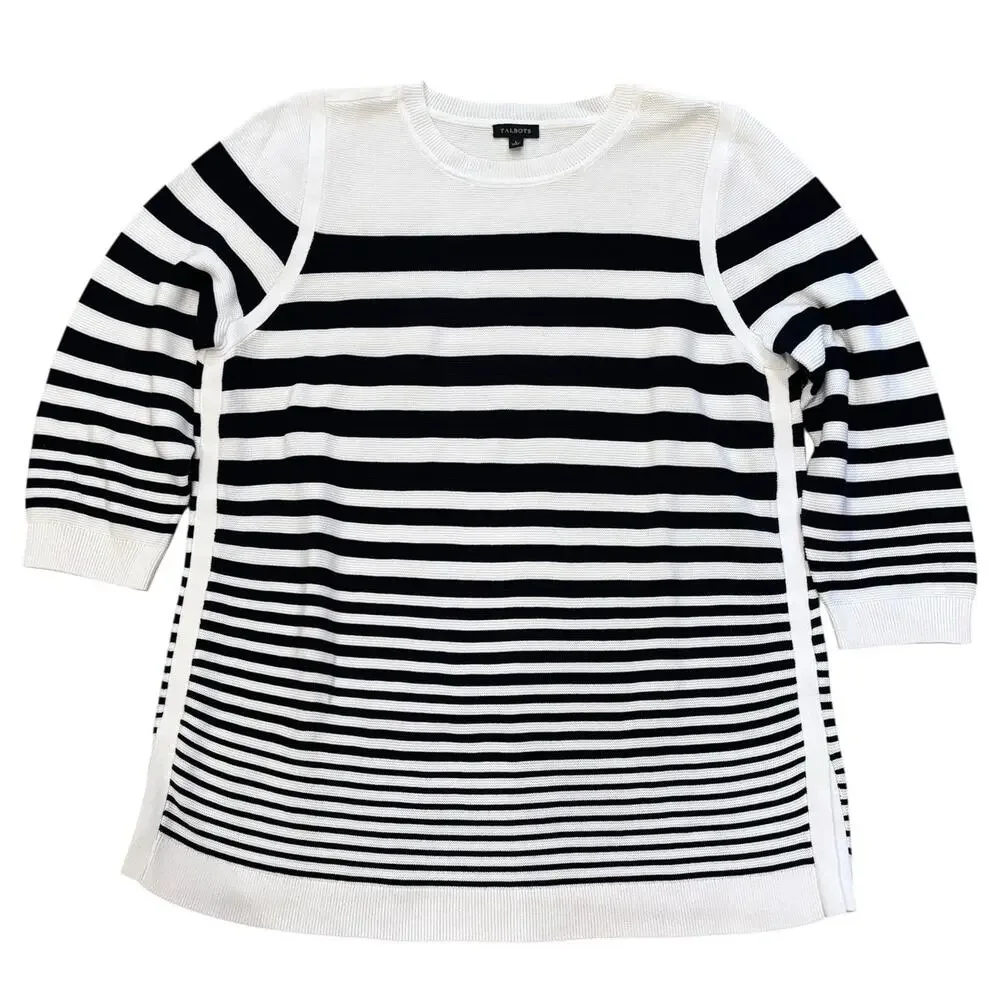 Talbots Black & White Graduated Stripes Tunic Sweater Split Hem 3/4 Sleeve Large
